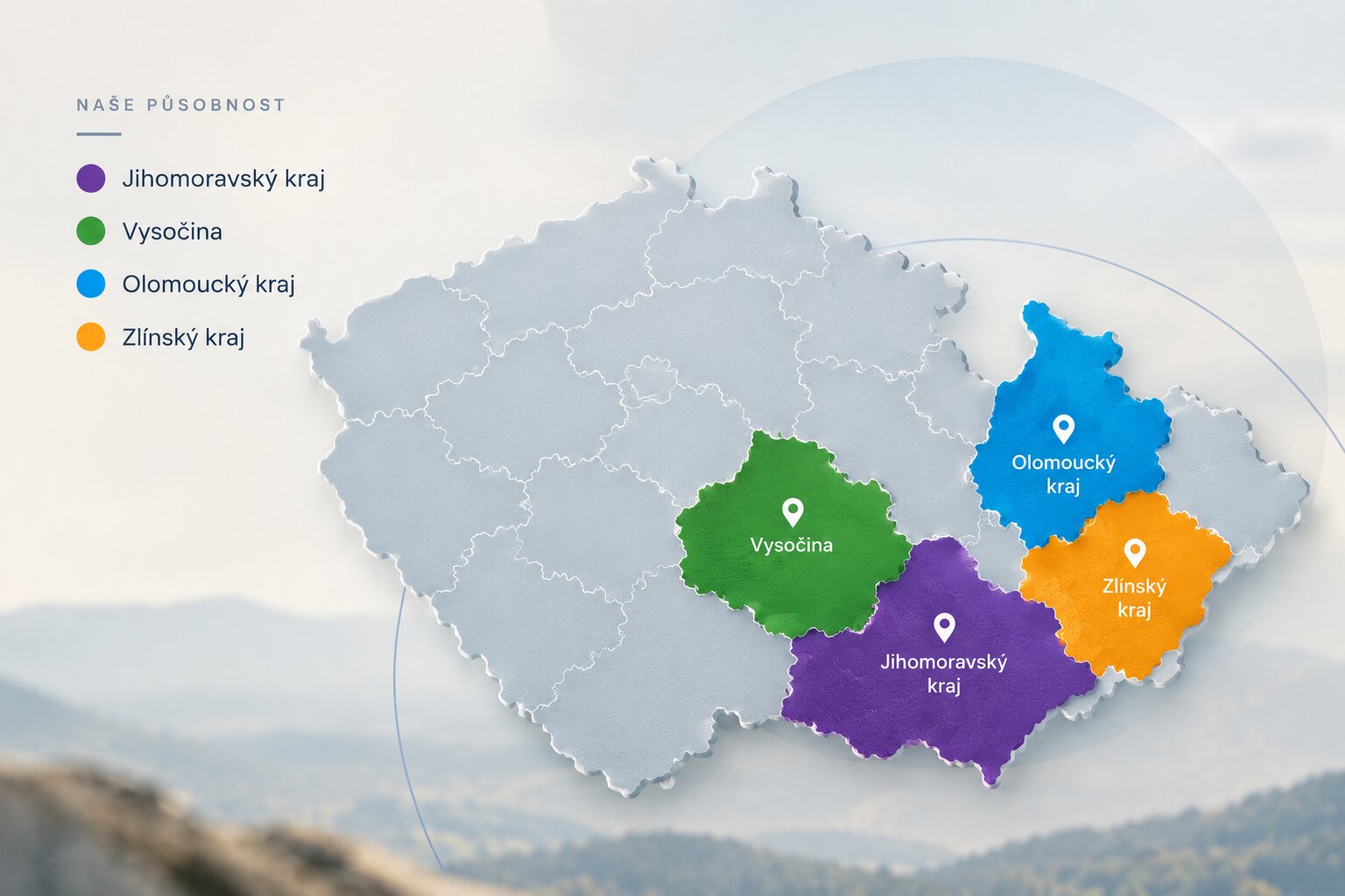 Mapa oblasti působnosti Vyklízecí čety — Jihomoravský kraj, Vysočina, Olomoucký a Zlínský kraj